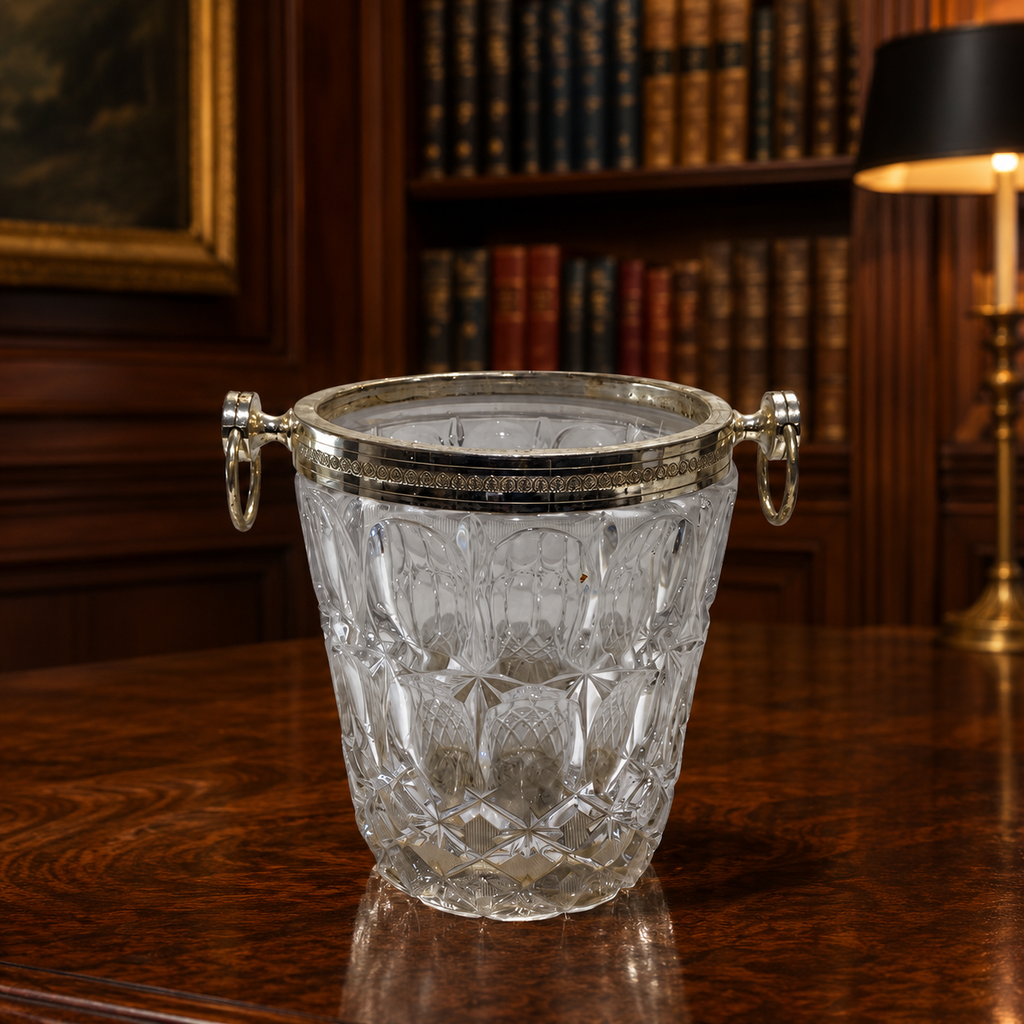 1950s Cut Crystal Ice Bucket Silver-Plated Rim and Ring Handles