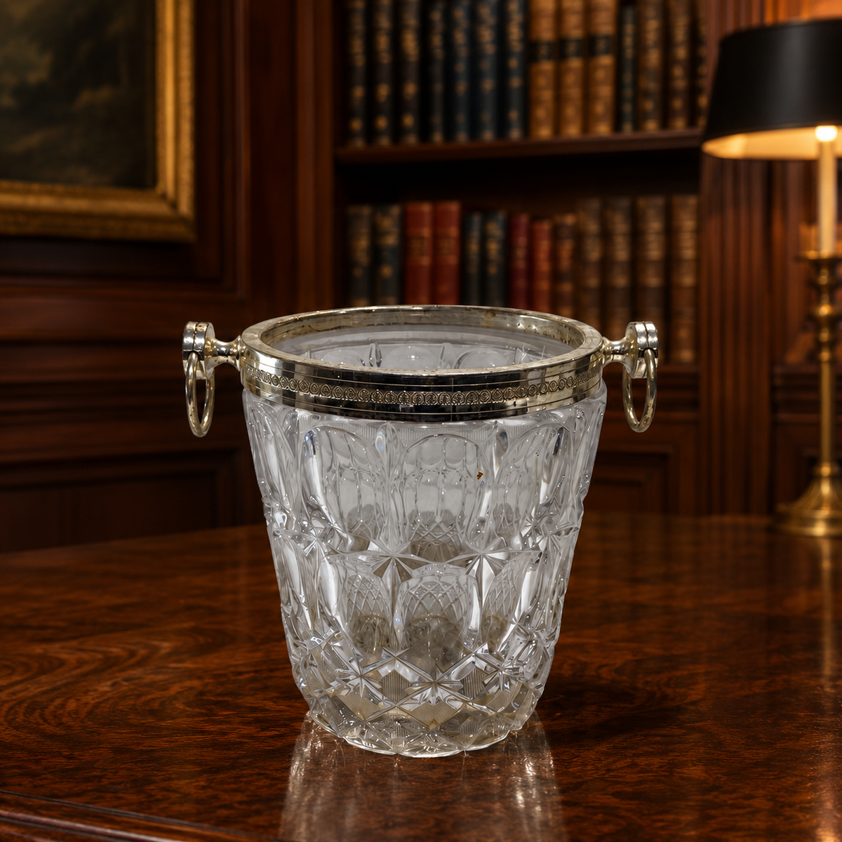 1950s Cut Crystal Ice Bucket Silver-Plated Rim and Ring Handles