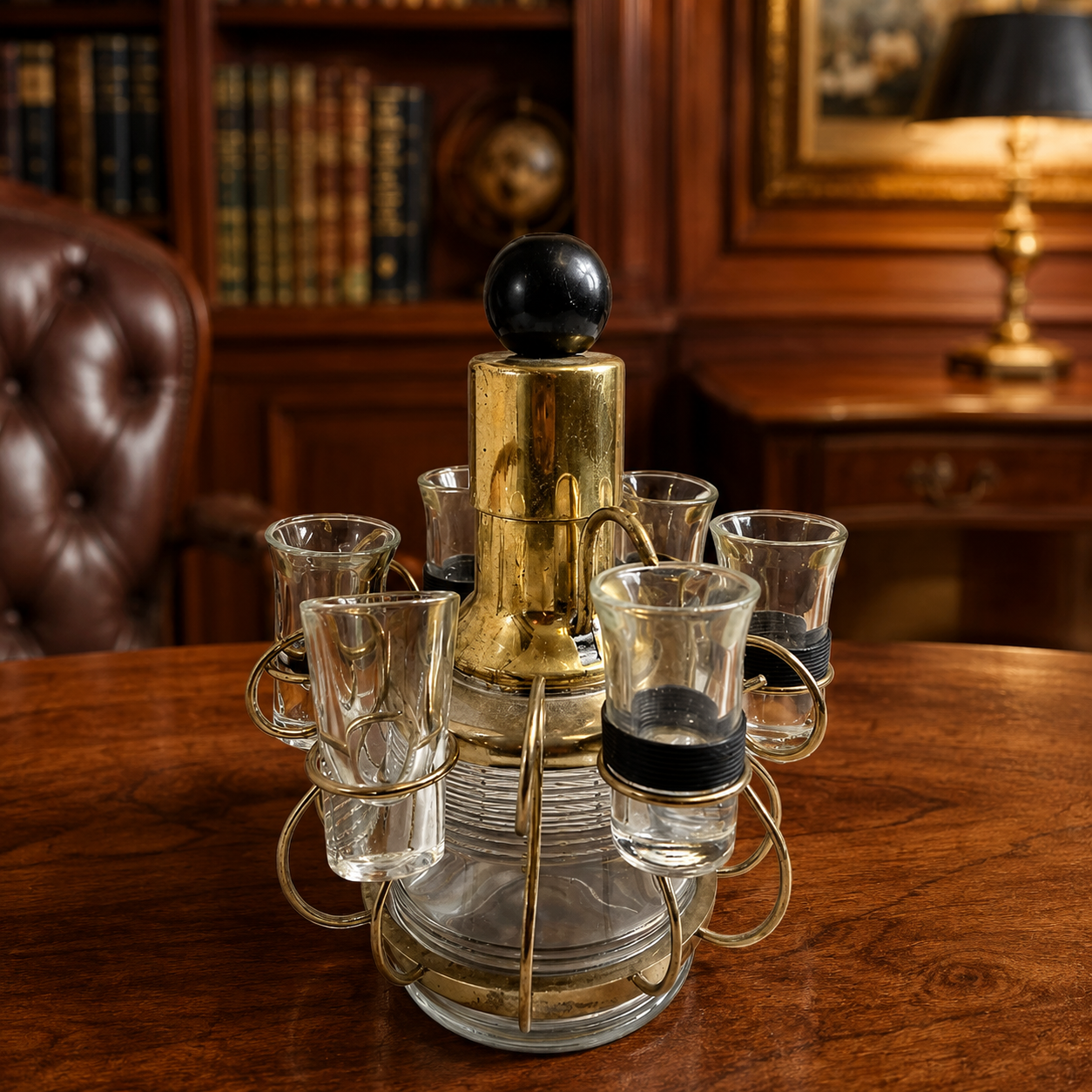 Parker Sherman Vintage Glass Decanter & Shot Glass Barware Carousel Set