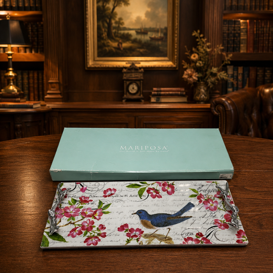 Mariposa rectangular ceramic serving tray with colorful bird and floral design
