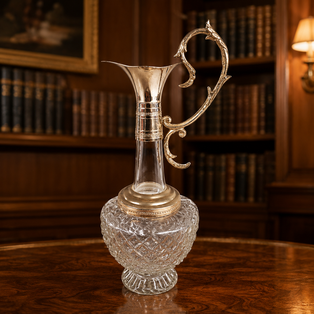 Victorian Crystal Claret Jug with Silver-Plated Mount | Ornate Wine Ewer | Antique Barware