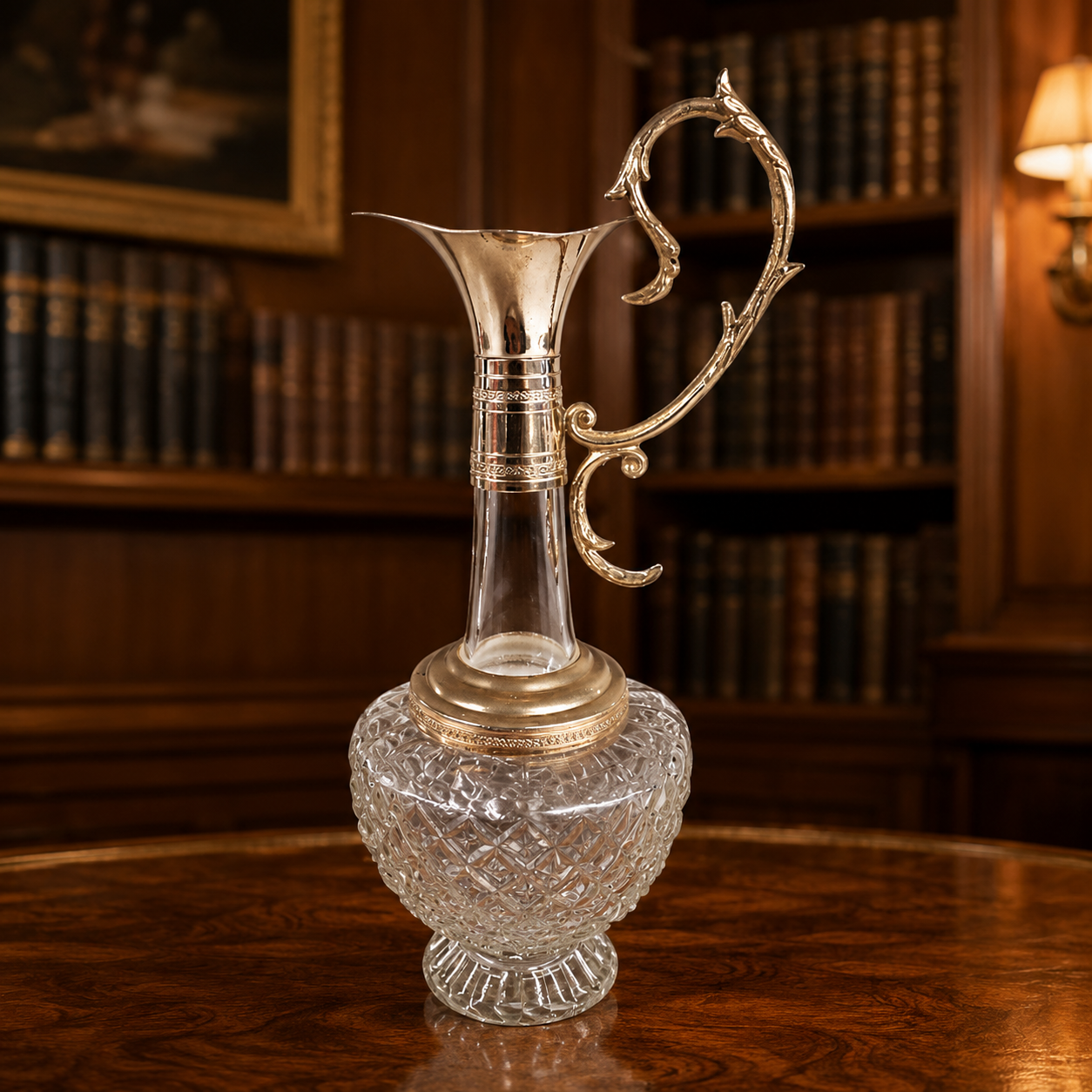 Victorian Crystal Claret Jug with Silver-Plated Mount | Ornate Wine Ewer | Antique Barware