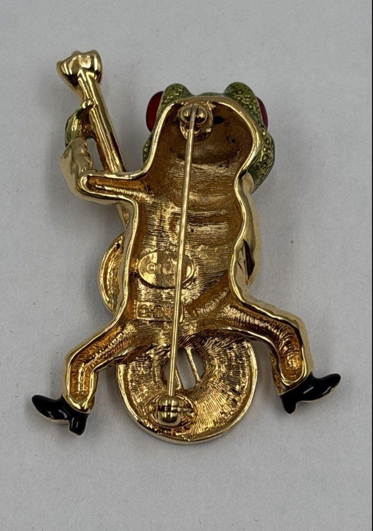 Vintage Kenneth J Lane Enamel Frog Guitar Brooch | Gold Tone Figural Musician Pin