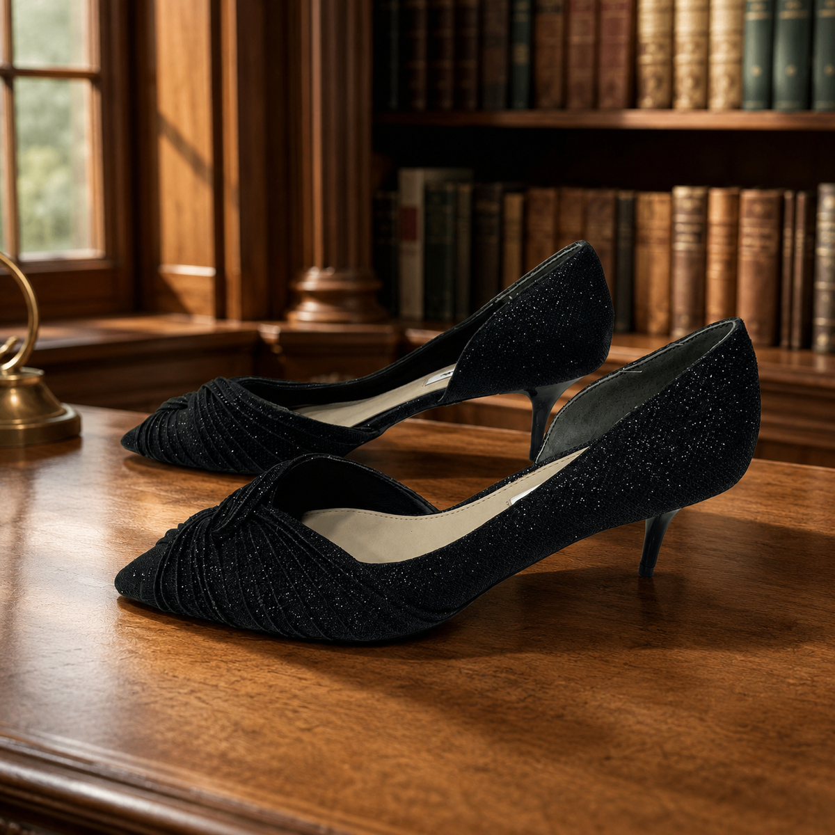 Black sparkle pointed-toe kitten heels with gathered vamp