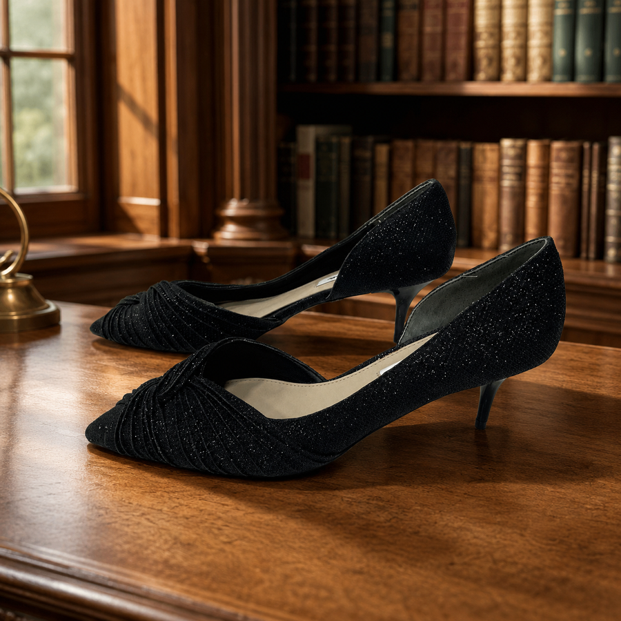 Black sparkle pointed-toe kitten heels with gathered vamp