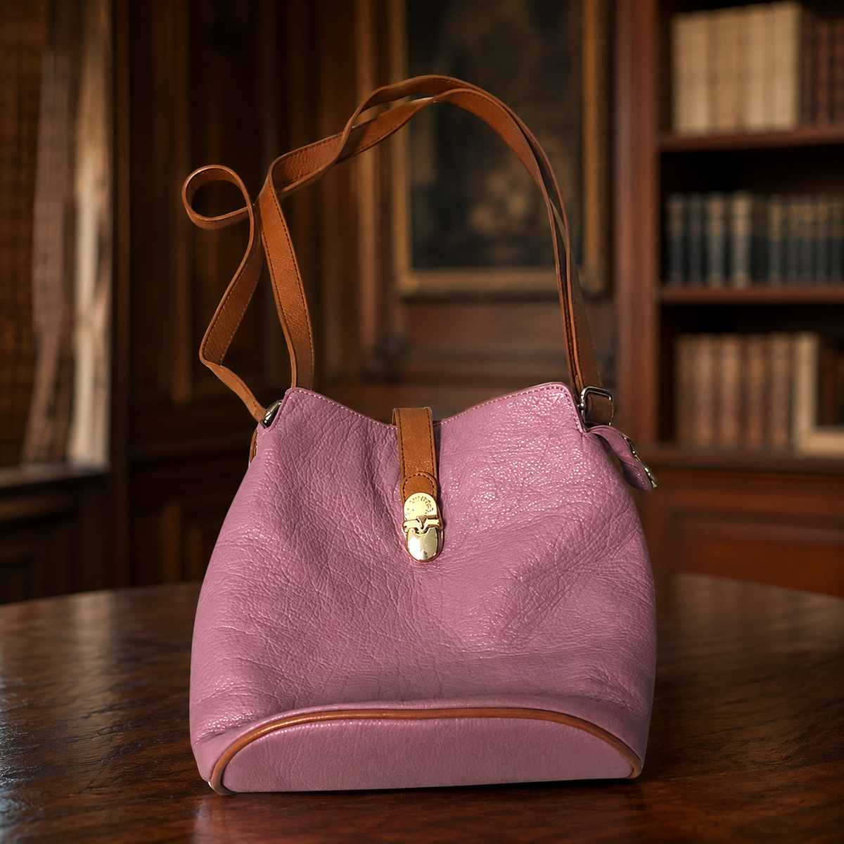 Pink lavender pebbled leather bucket-style crossbody bag with tan leather strap