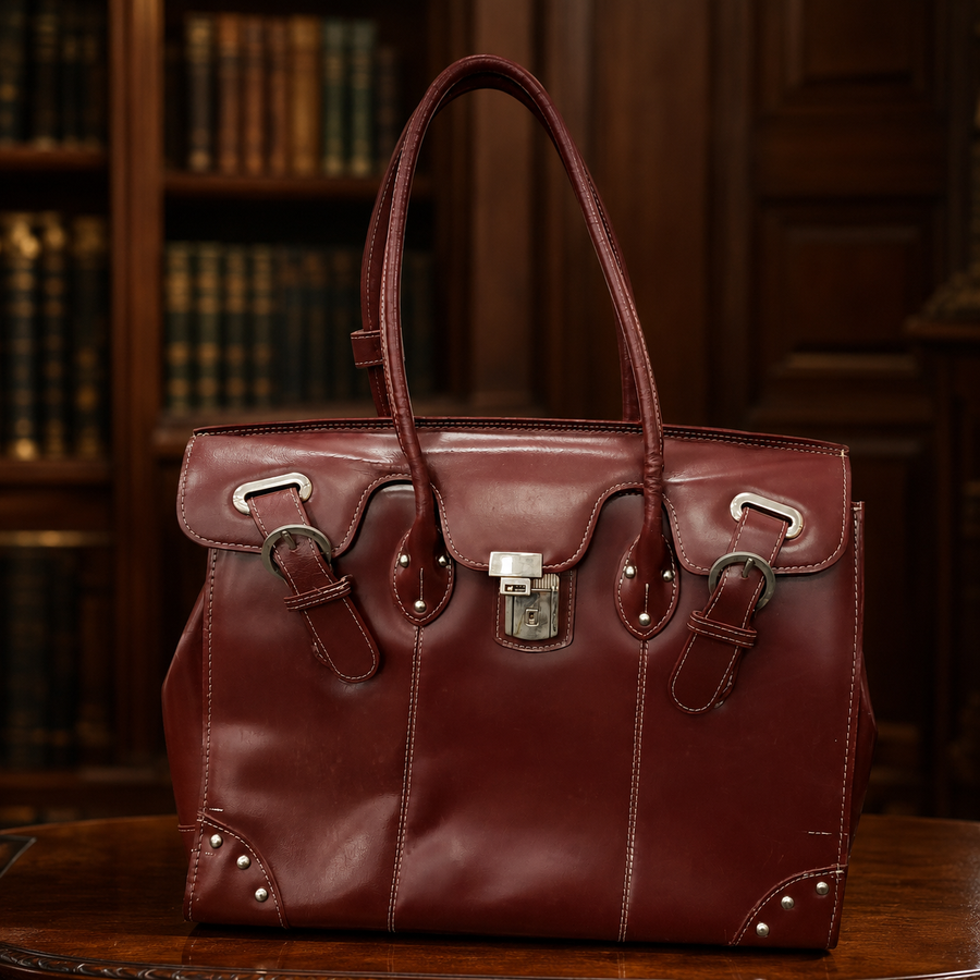 McKleinUSA burgundy leather laptop tote with front flap lock closure