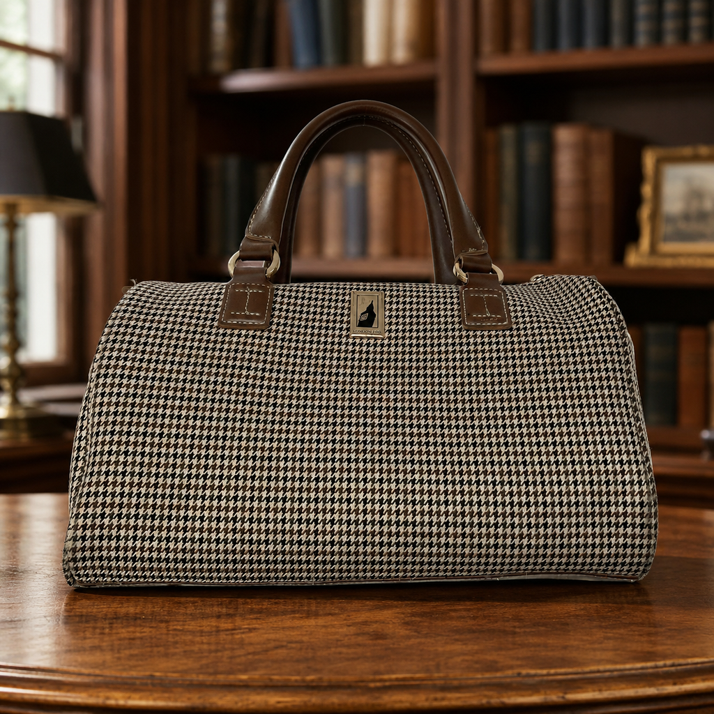 London Fog Houndstooth Barrel Satchel Bag | Brown Trim Shoulder Duffel Handbag