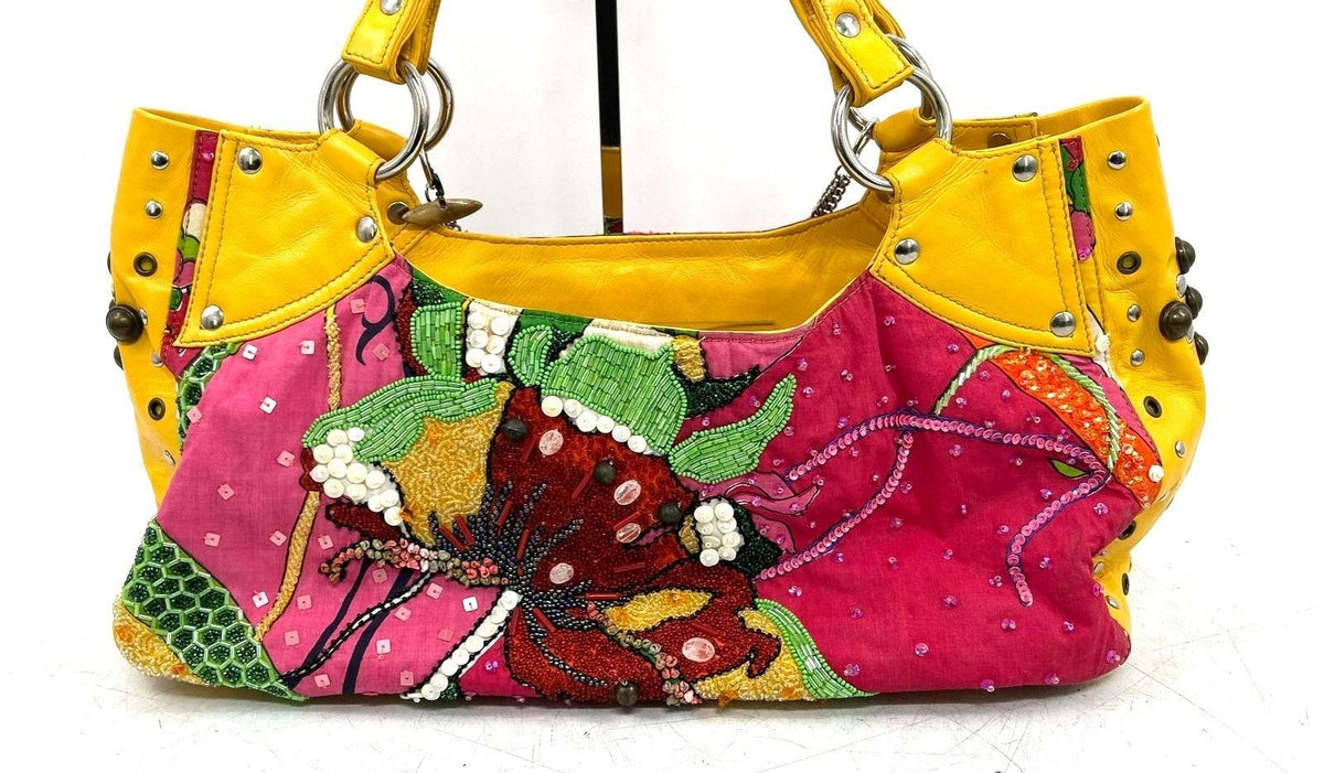Mary Frances large multicolor beaded and sequined shoulder bag with yellow handles, view 4