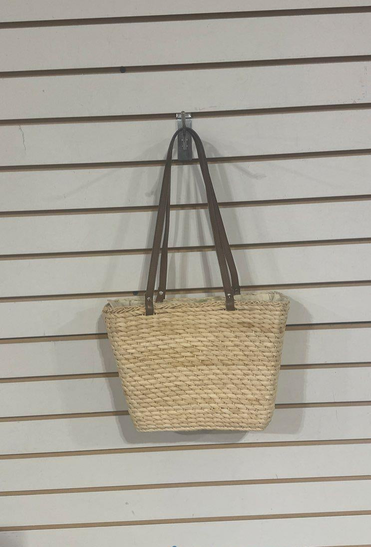 Woven straw tote with embroidered pink flamingos and palm trees and long shoulder straps, view 4