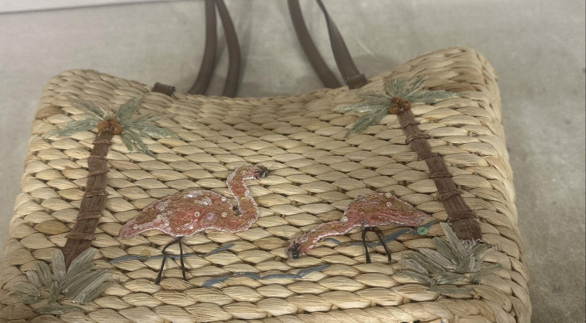 Woven straw tote with embroidered pink flamingos and palm trees and long shoulder straps, view 5