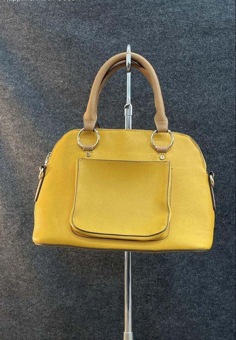 Bright yellow pebbled faux leather dome satchel with rolled top handles and gold-tone hardware, view 3