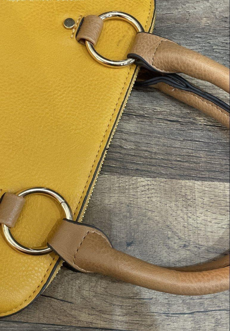 Bright yellow pebbled faux leather dome satchel with rolled top handles and gold-tone hardware, view 4