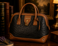 London Fog Black Ostrich Embossed Satchel Handbag with Brown Leather Trim