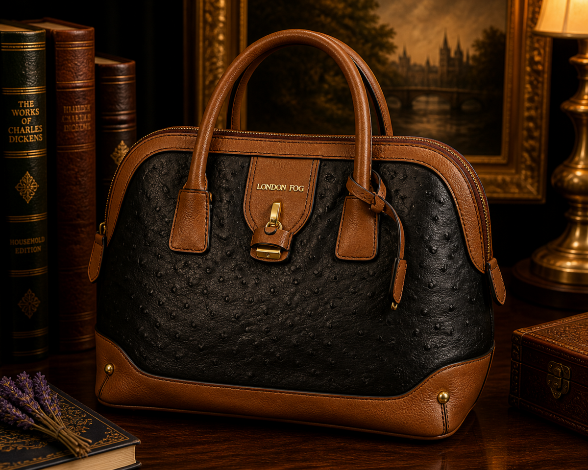 Black ostrich-embossed faux leather dome satchel with brown trim and top handles