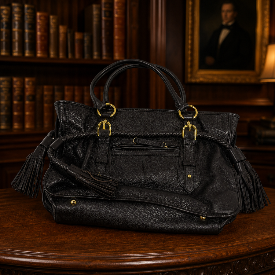 Adrienne Vittadini zebra pattern satchel with dark brown body, braided trim and side tassels