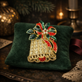 Christmas Bell Brooch with Red and Green Enamel Bow