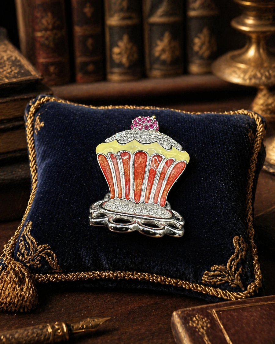 Swarovski silver-tone cupcake brooch with orange wrapper, pale yellow frosting and pink crystal top