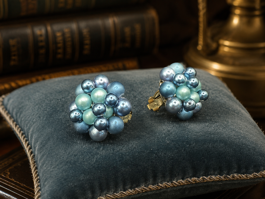 Vintage Blue Faux Pearl Beaded Cluster Clip Earrings | Dimensional Button Earrings