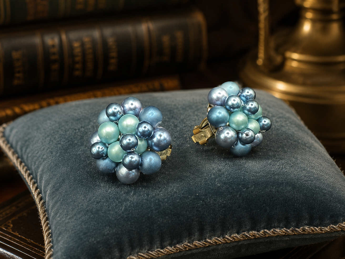 Vintage Blue Faux Pearl Beaded Cluster Clip Earrings | Dimensional Button Earrings