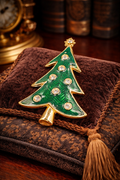 LIA Gold Tone Green Enamel Christmas Tree Brooch Crystal Holiday Vintage Festive Pin