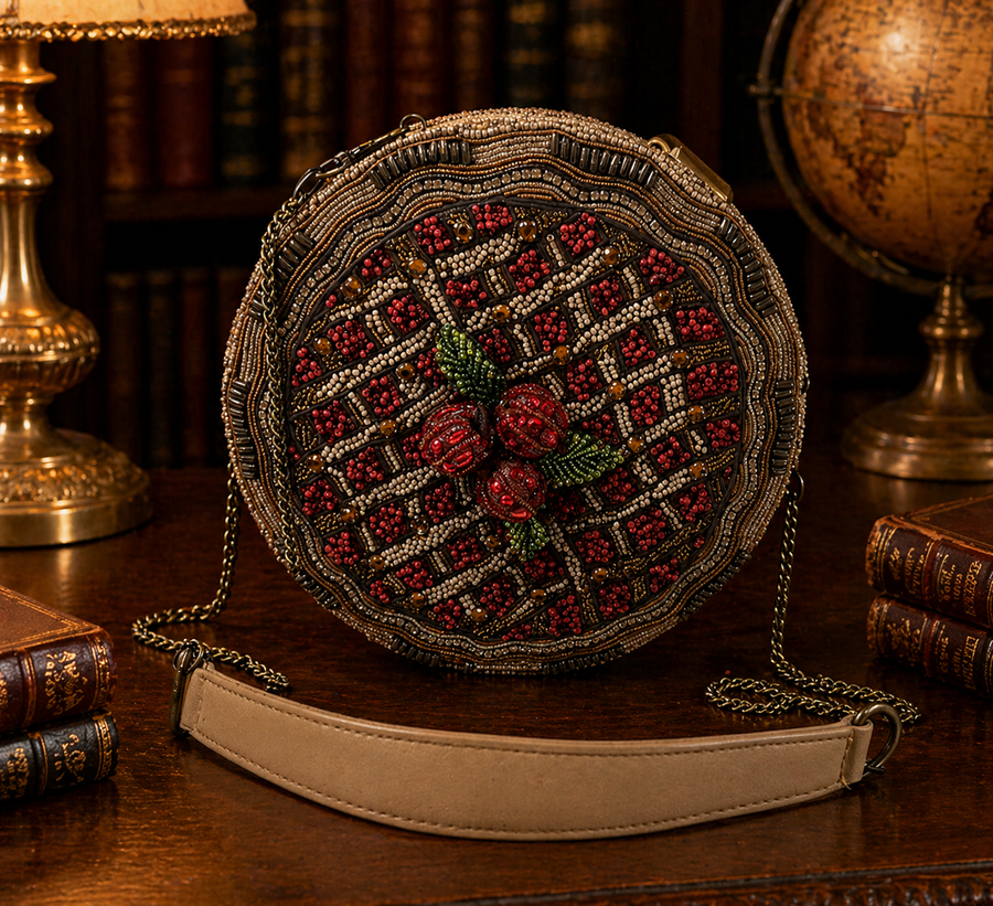 Mary Frances red beaded cherry pie clutch with lattice crust detail and chain strap