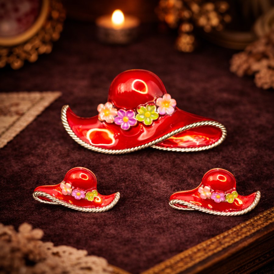 Signed MJ red enamel ladies hat brooch with flower accent and matching stud earrings