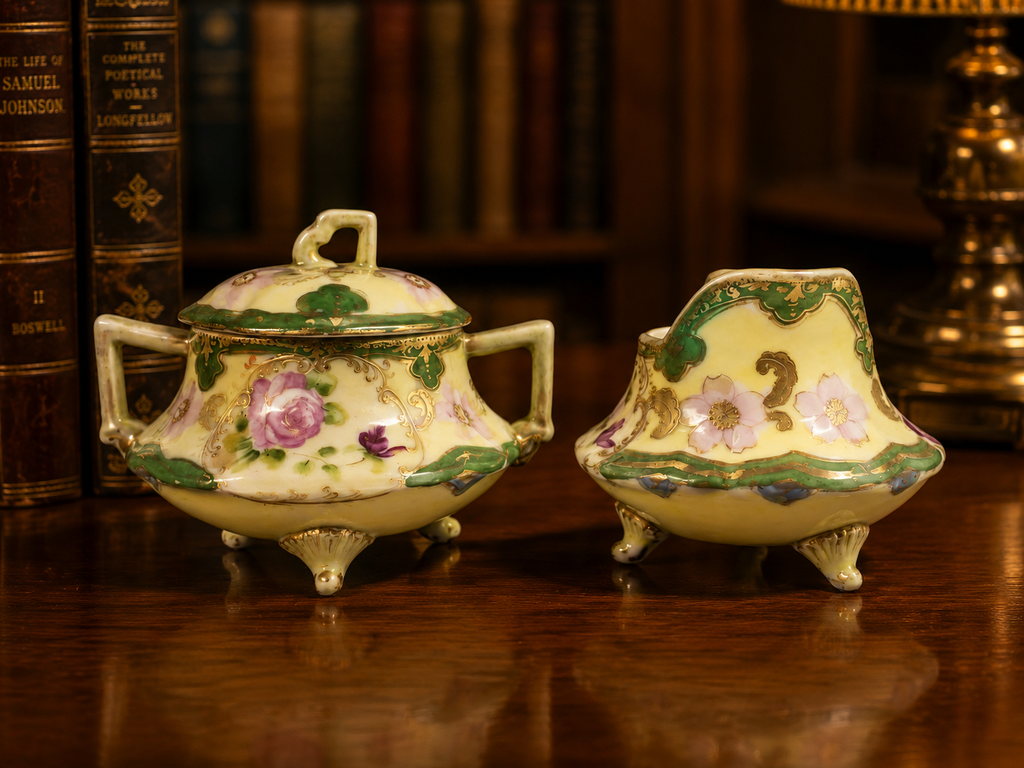Hand-Painted Floral Footed Porcelain Sugar Bowl & Creamer Set | Vintage Pink Rose Tableware