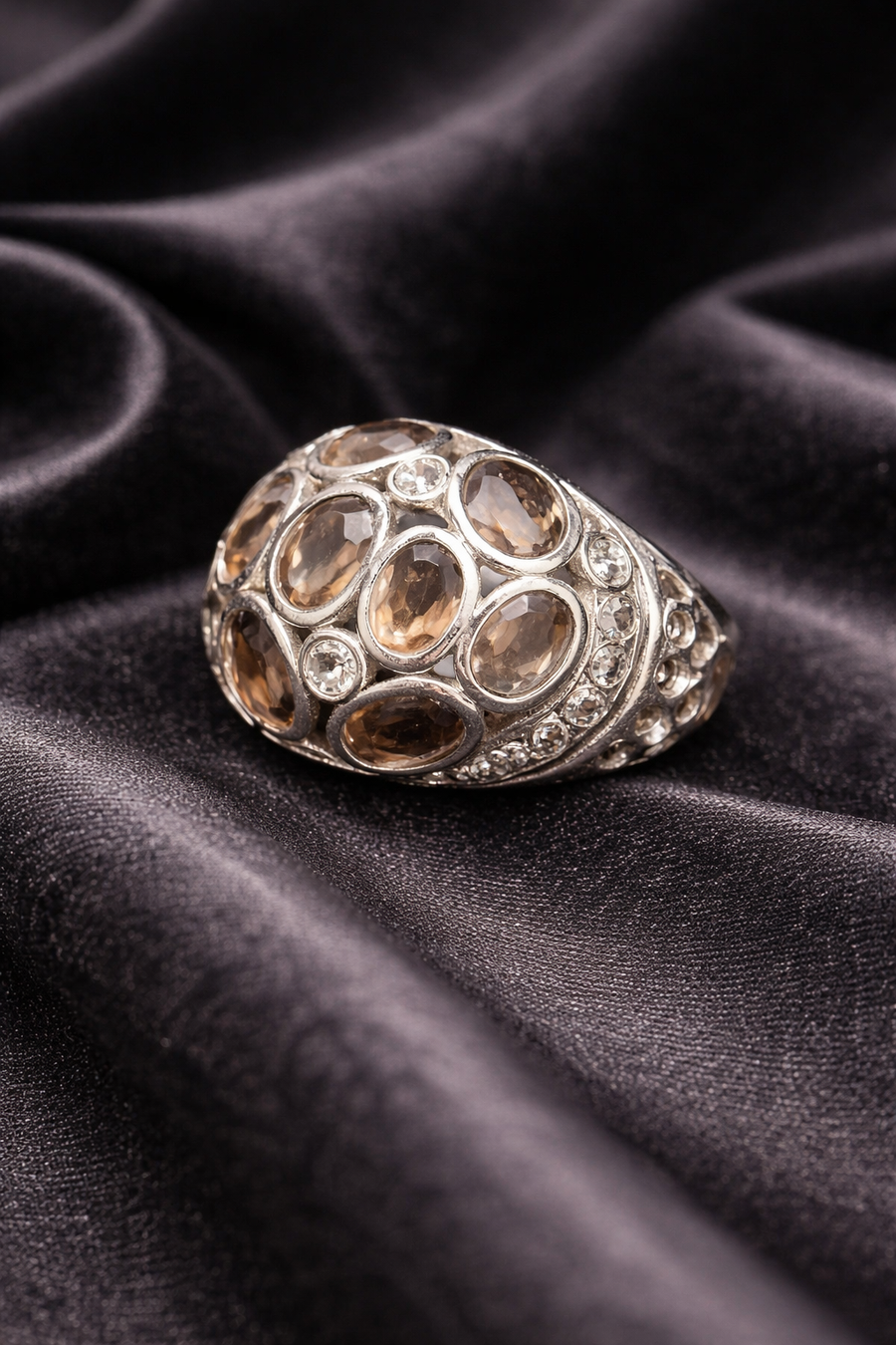 Silver-tone multi-stone cluster ring with brown smoky stones and clear accents