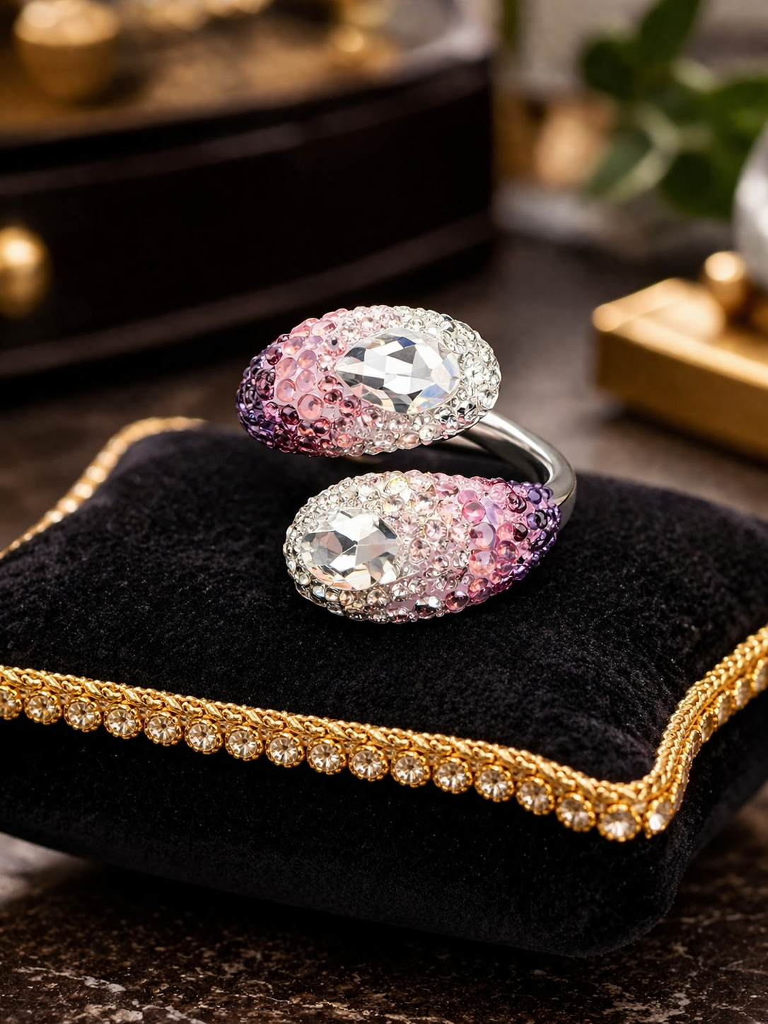 Swarovski silver-tone wrap ring with graduated pink and purple pavé crystals