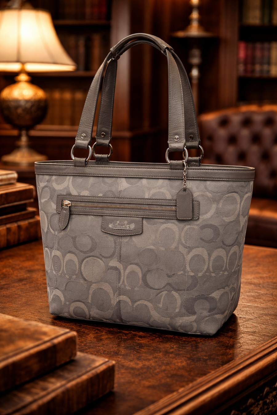 Coach gray and silver-tone signature jacquard tote with leather trim