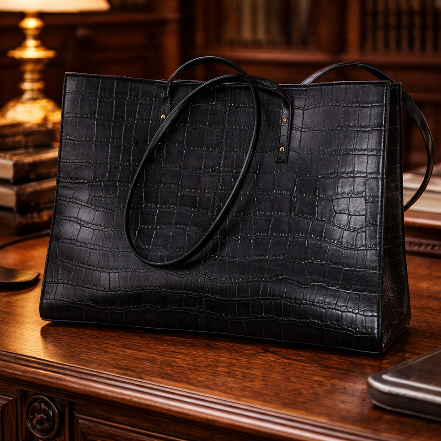 Black croc-embossed leather messenger briefcase with push clasp and purple lace lining