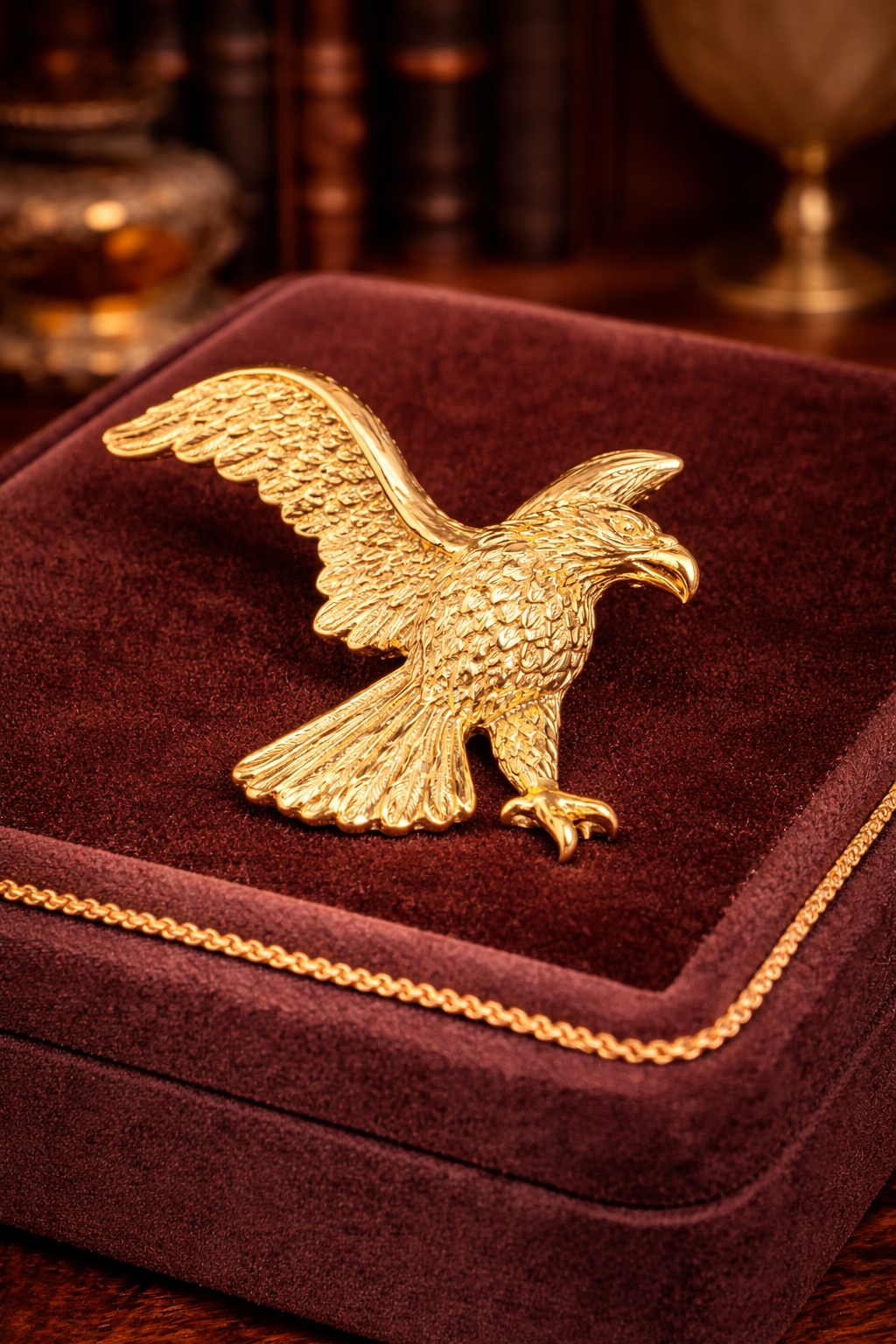 Textured gold-tone eagle brooch with wings extended in flight