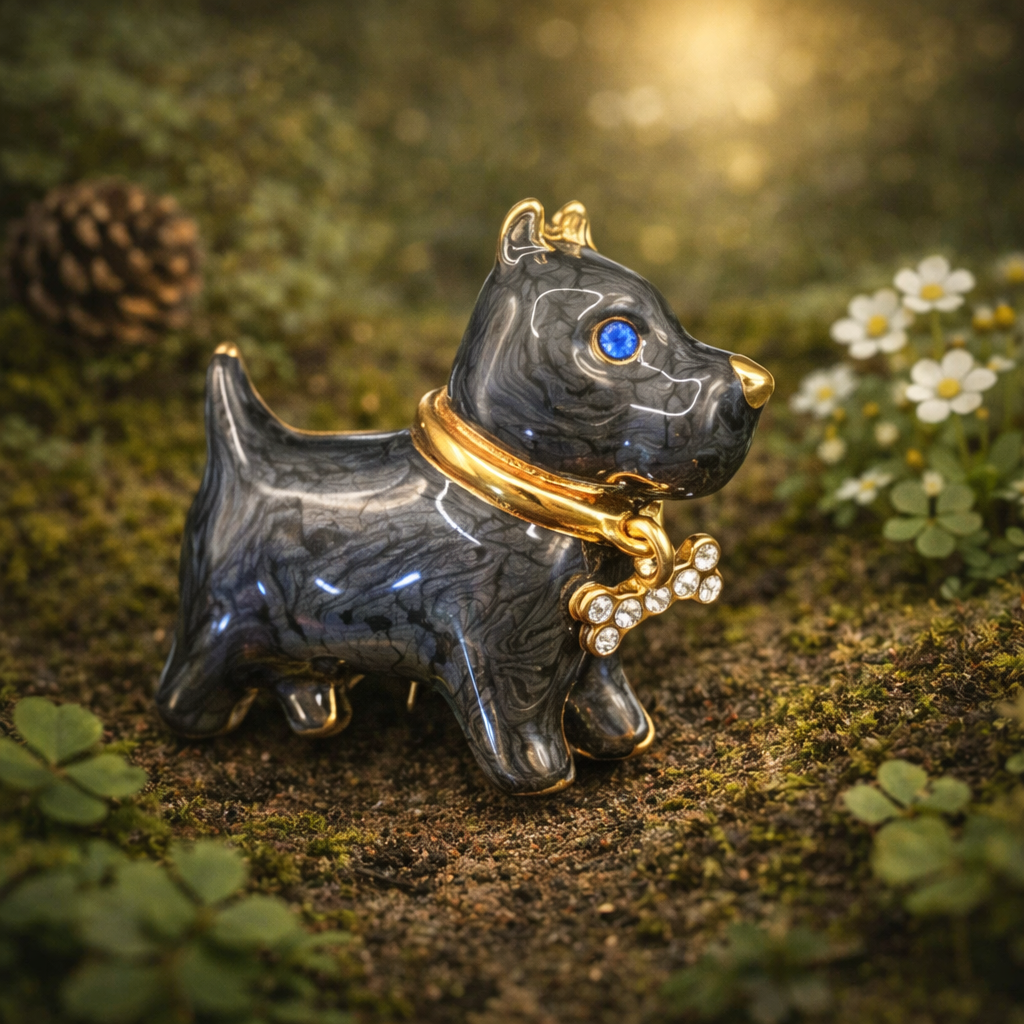 Signed black enamel Scottie dog brooch with blue crystal eye and rhinestone bone on gold-tone collar