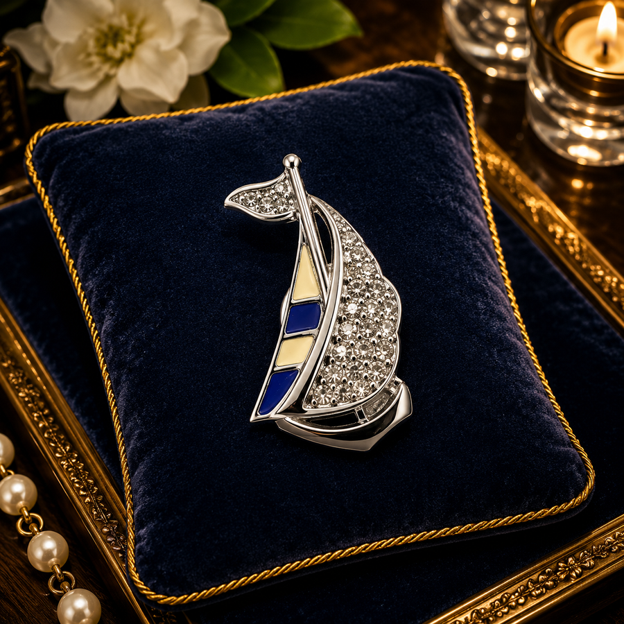 Swarovski silver-tone crystal sailboat brooch with blue sails