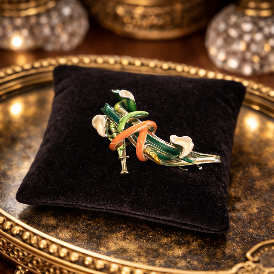 Kenneth Jay Lane sterling silver high heel shoe brooch with enamel calla lilies