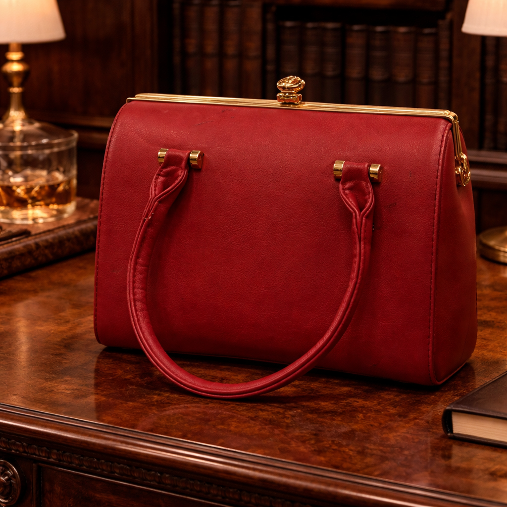 Vintage Style Red Top Handle Box Bag Gold Frame Kiss Lock Handbag Retro Evening