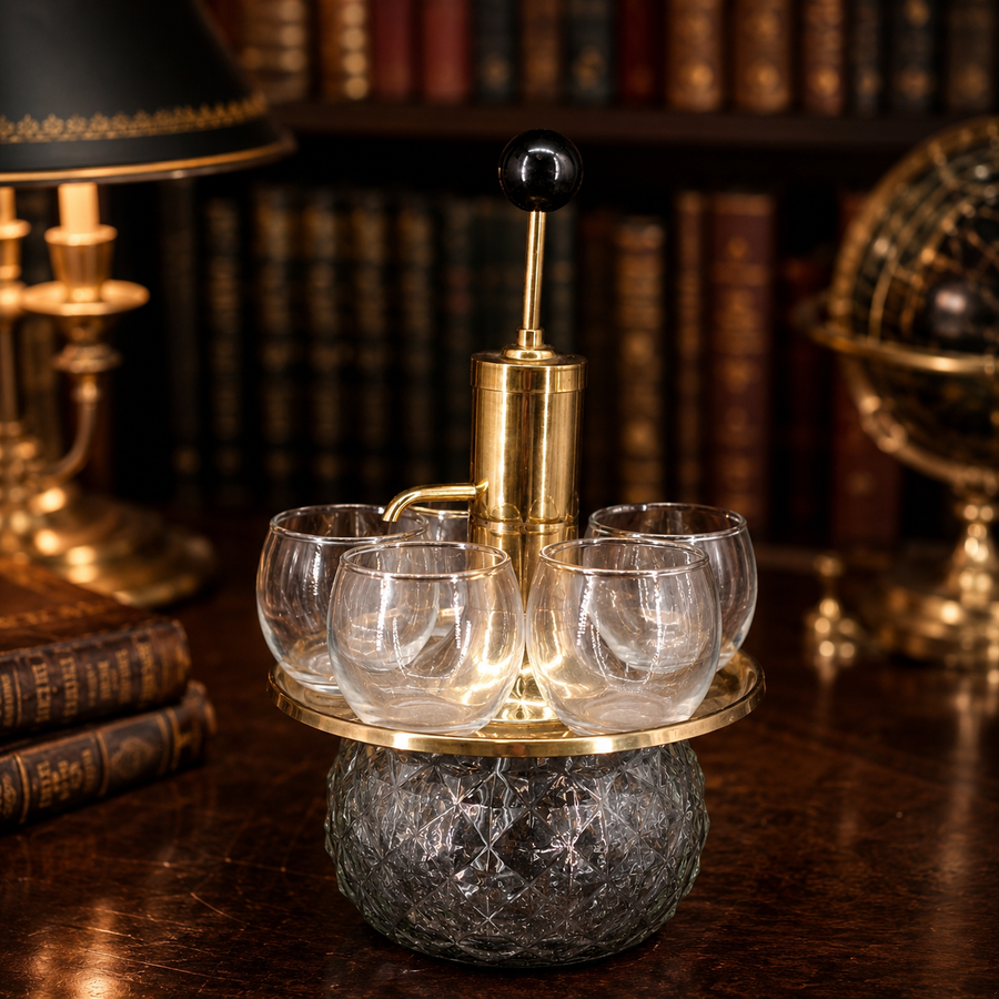 Park Sherman merry-go-round revolving liquor pump decanter set with brass tray and four glasses