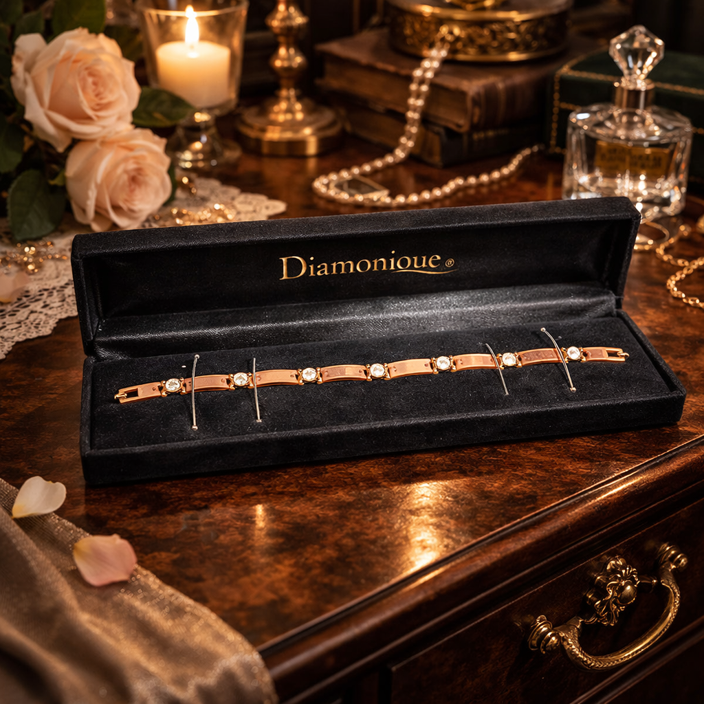 Vintage Diamonique Copper Tone Rhinestone Link Bracelet with Original Box, Simulated Diamond Tennis Style Bracelet 18.5cm Estate Glam Jewelry