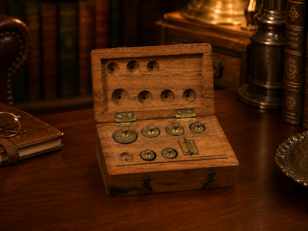 Antique Apothecary Jeweler’s Brass Balance Scale Weights with Wood Box | Partial Weight Set