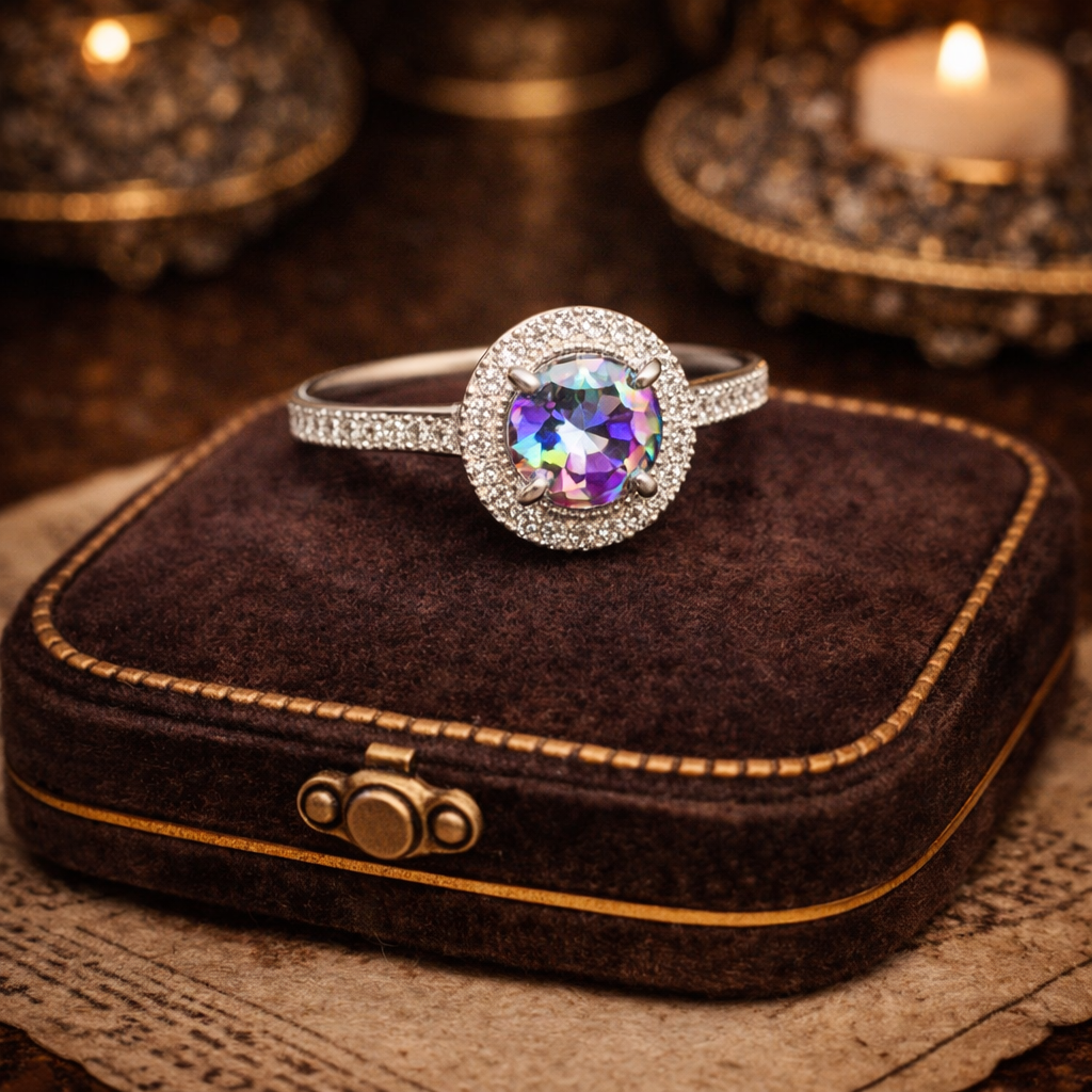 Sterling Silver Peacock Quartz Halo Ring with Cubic Zirconia Size 7.5