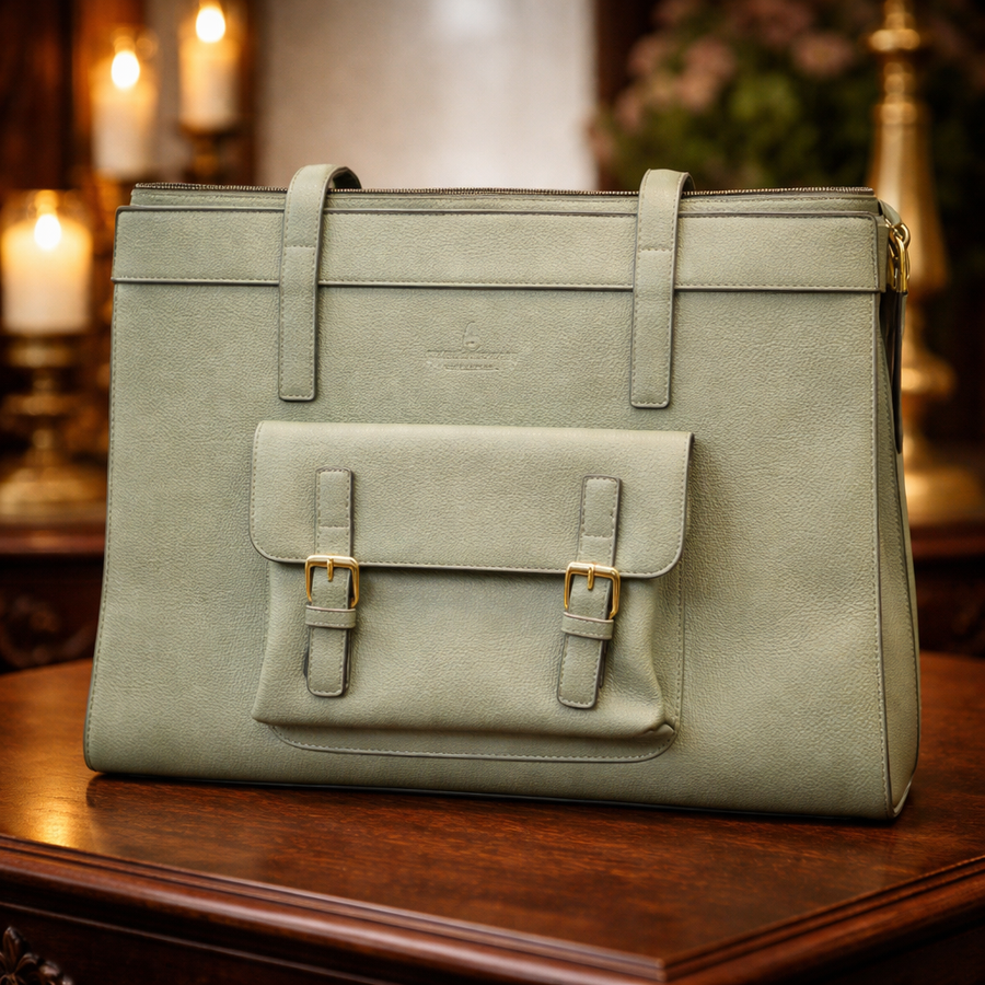Olive green pebbled structured tote with front buckle detail and top handles
