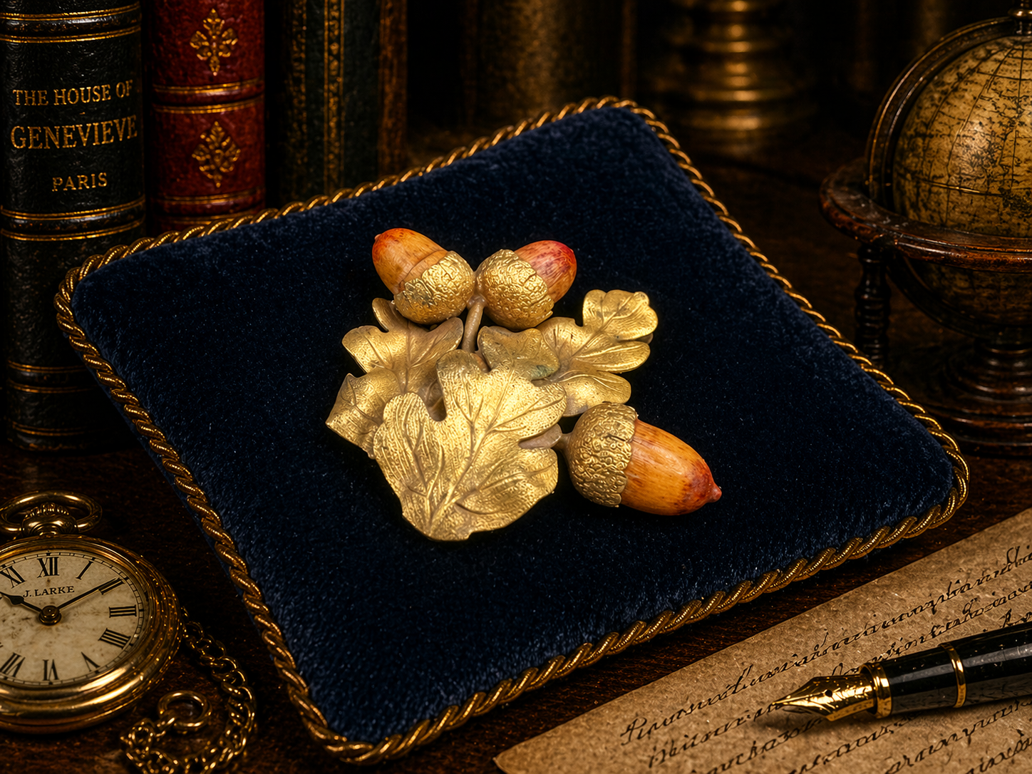 (NOT A BROOCH - FUR/COAT CLIP) Gold tone acorn and oak leaf brooch with carved look detail