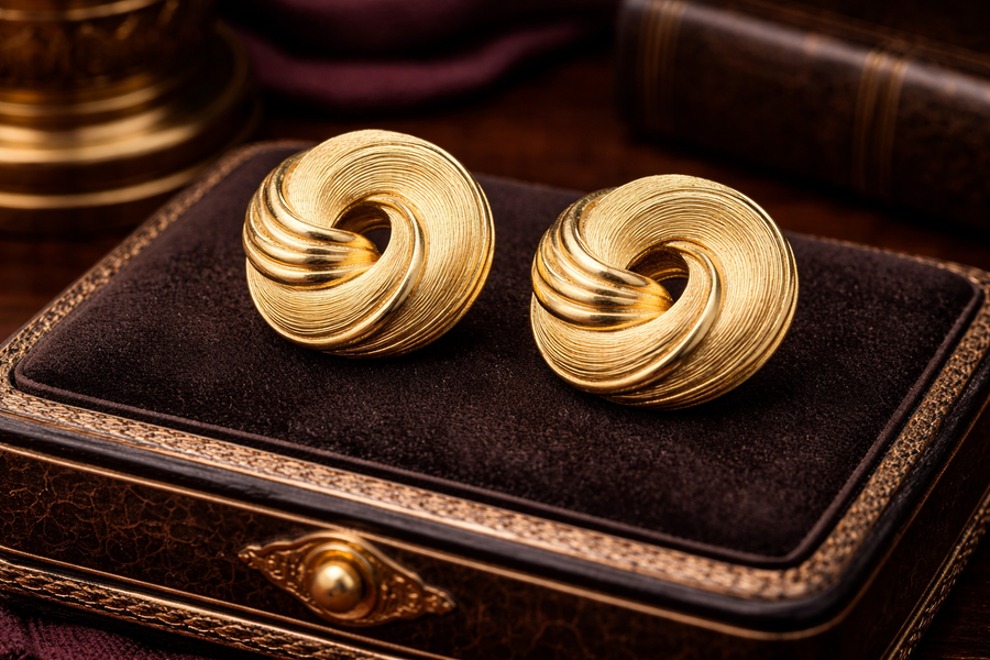 Signed Crown Trifari textured gold-tone swirl knot clip earrings