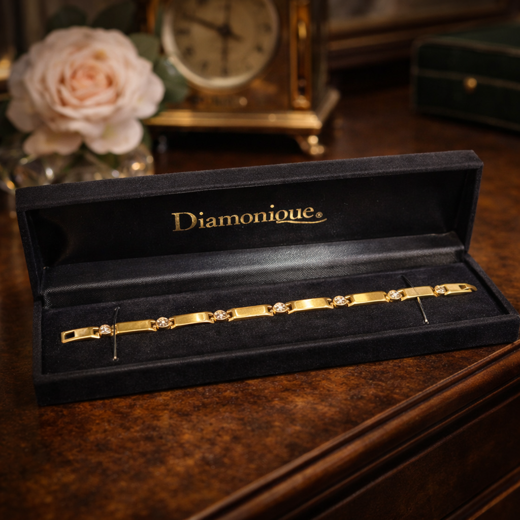 Vintage Diamonique Gold Tone Rhinestone Link Bracelet with Original Box, Simulated Diamond Tennis Style Bracelet 18.5cm Estate Glam Jewelry
