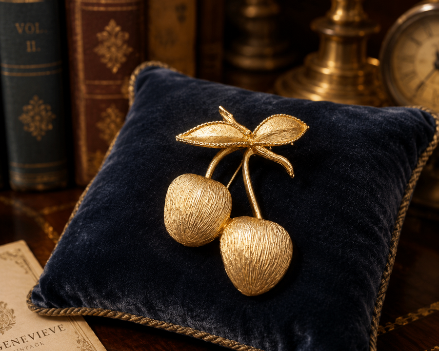Gold-tone cherry brooch with textured fruit and leaf