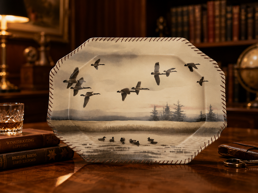 Octagonal Lenox Riverwood platter with marsh landscape and flying birds