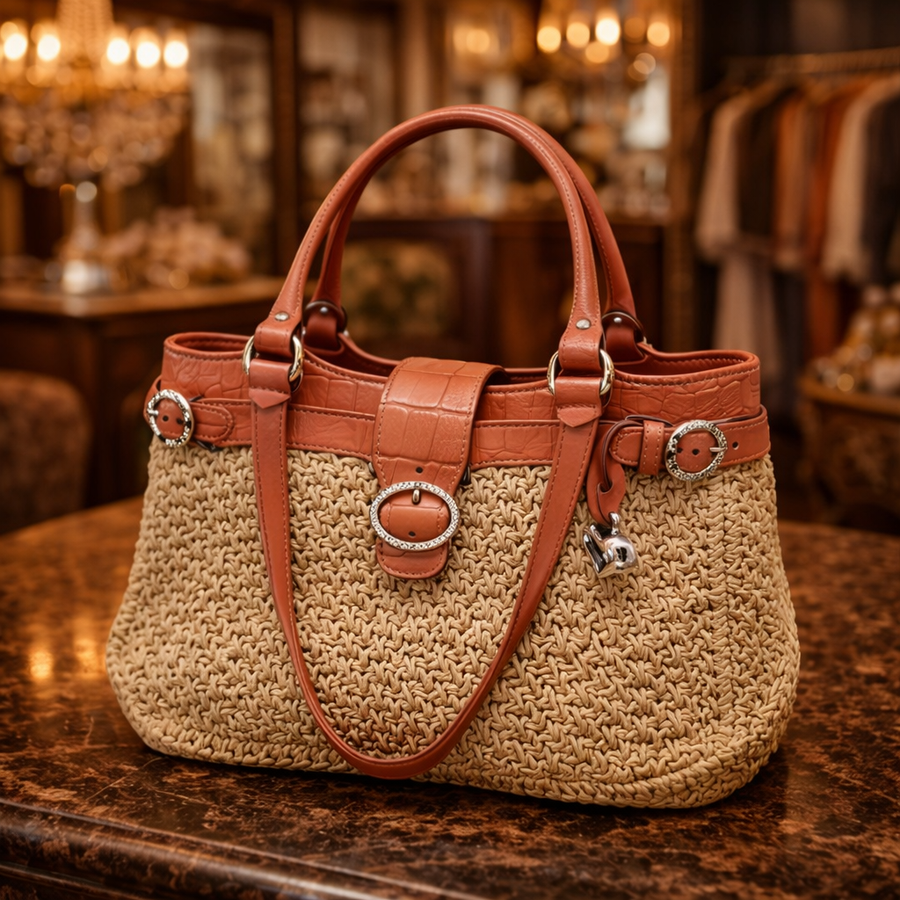 Woven straw-look satchel with coral croc-embossed leather trim and silver-tone hardware