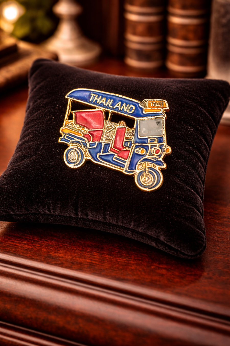 Enamel tuk tuk brooch in blue, red, white and gold tone