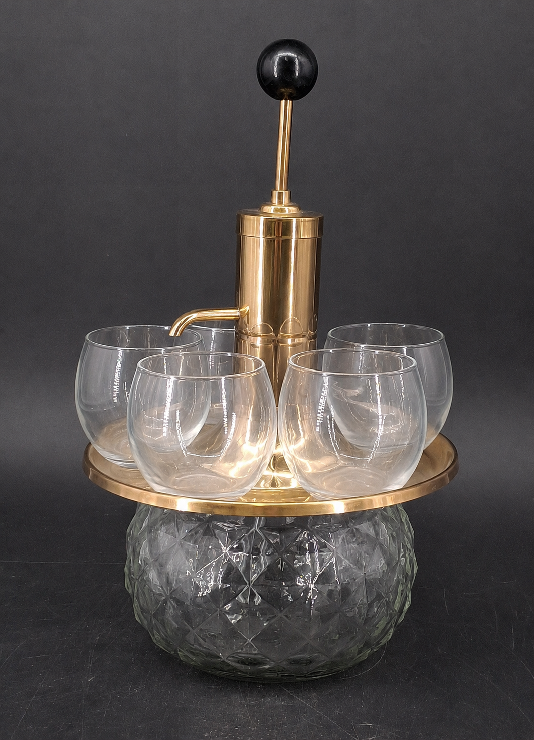 Vintage Park Sherman Merry-Go-Round Revolving Liquor Pump Decanter Set | Brass & Glass MCM Barware Server